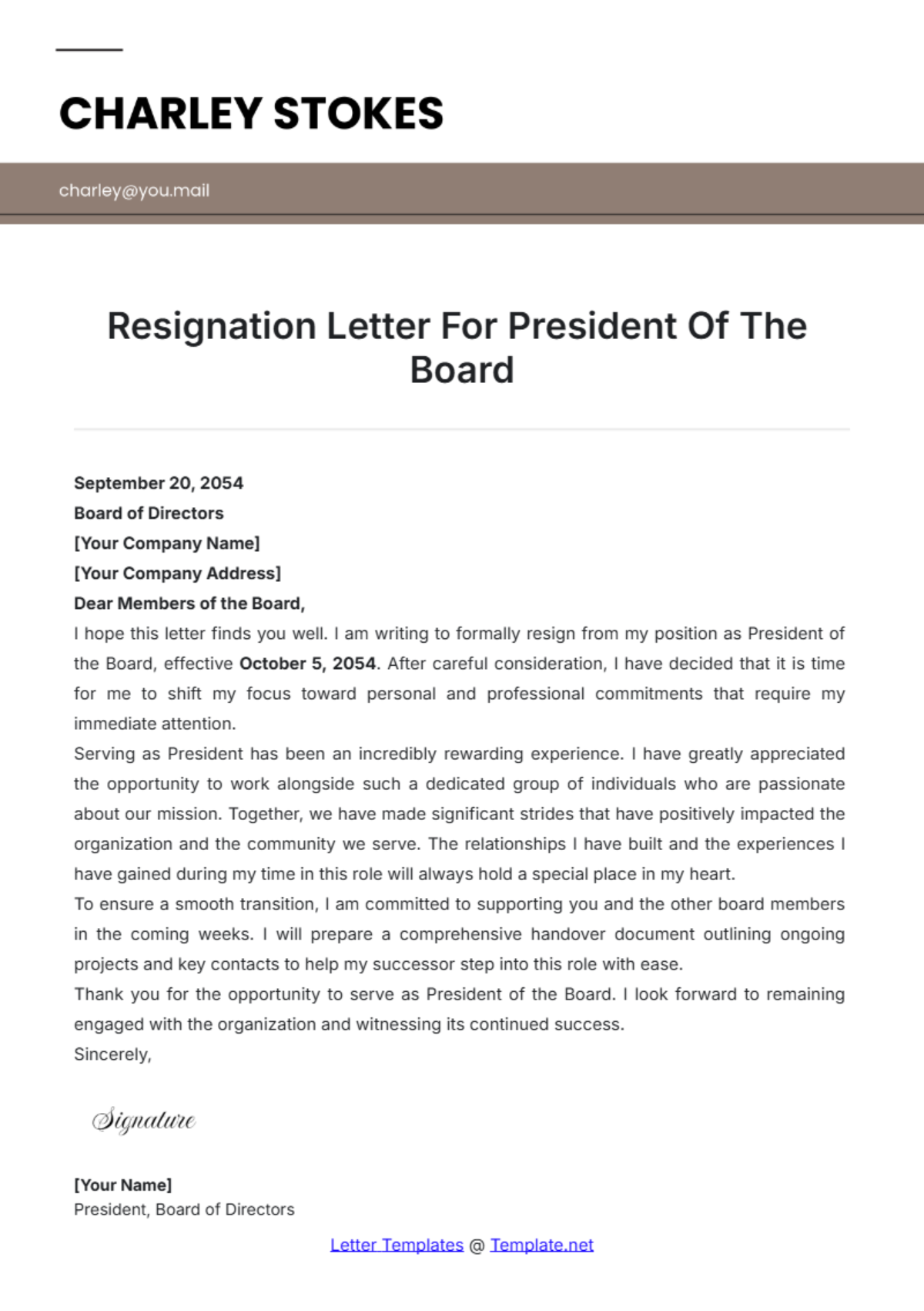 Resignation Letter For President Of The Board Template