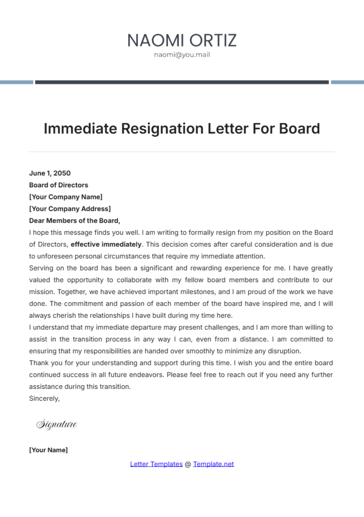 Immediate Resignation Letter For Board Template