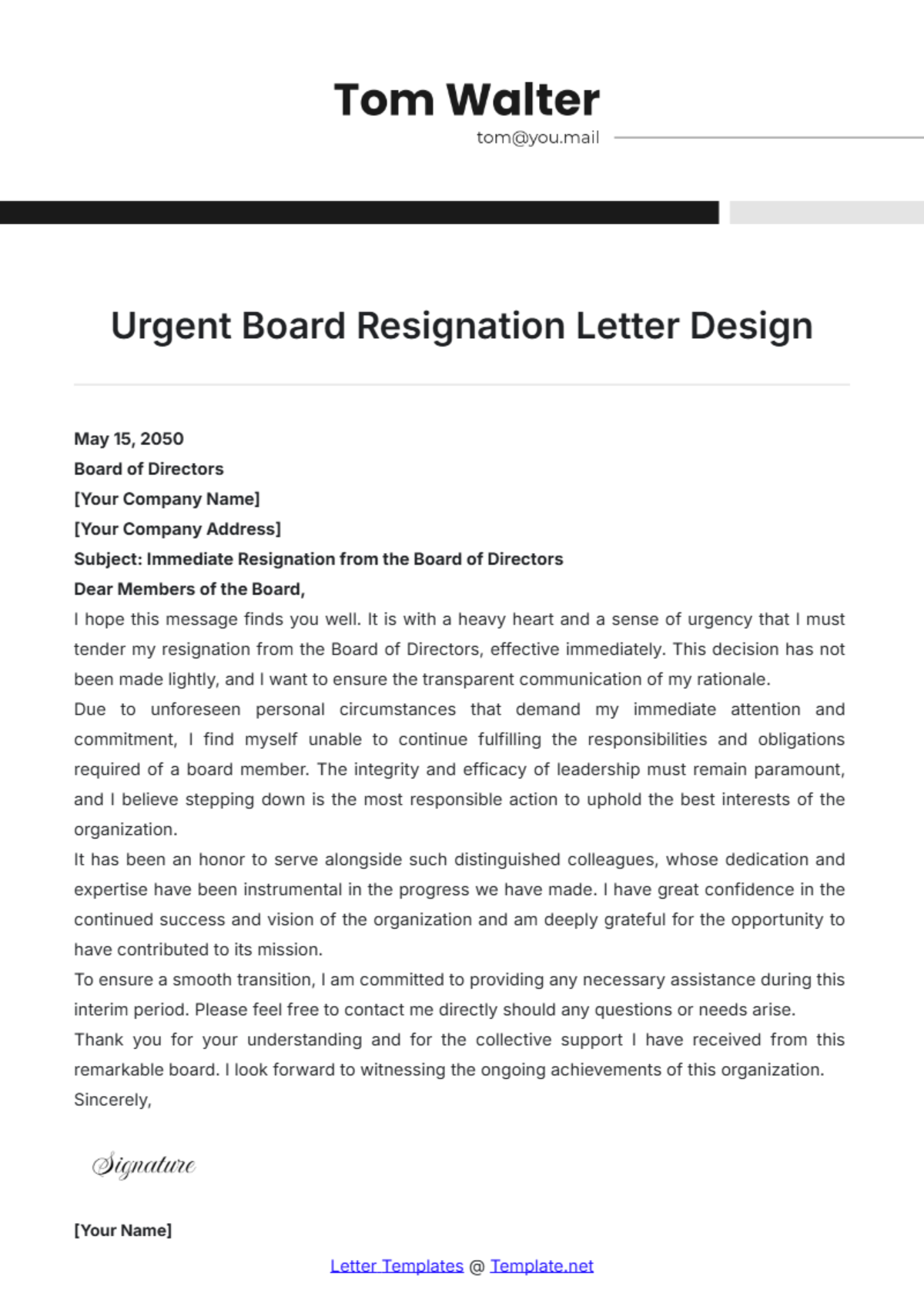 Urgent Board Resignation Letter Design Template