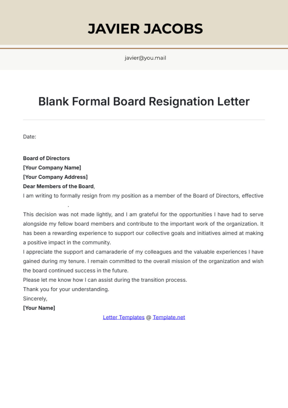 Blank Formal Board Resignation Letter Template - Edit Online & Download