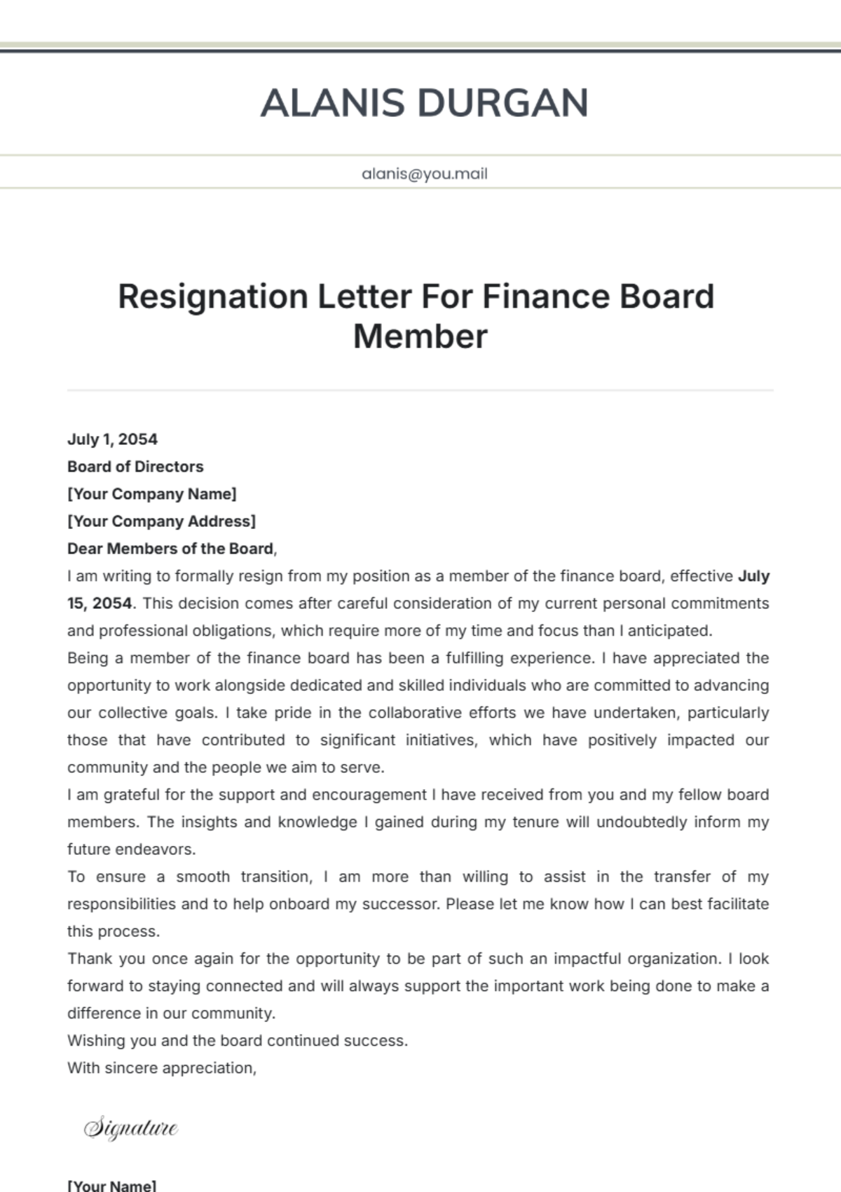 Resignation Letter For Finance Board Member Template