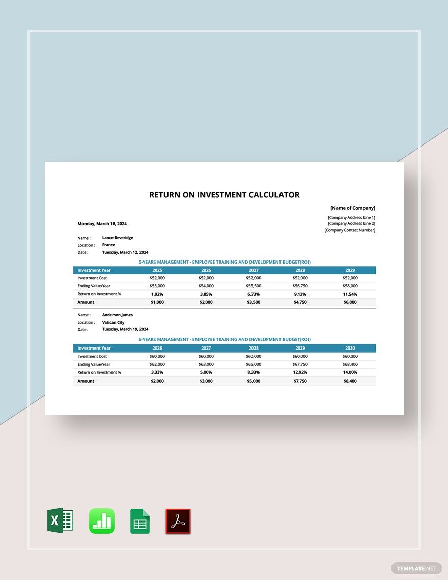 Return on Investment Template in Google Docs, Excel, Google Sheets, Apple Numbers