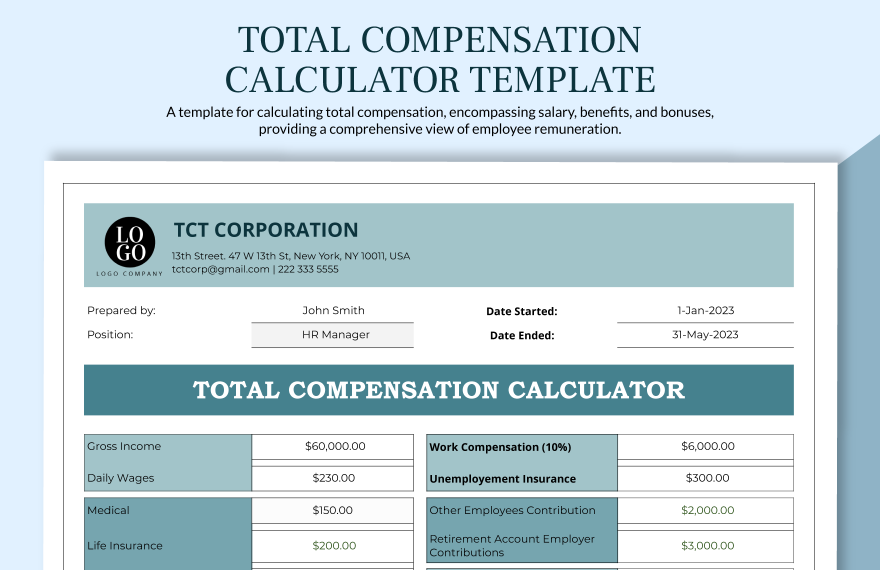 Total Compensation Calculator Template Google Docs, Google Sheets
