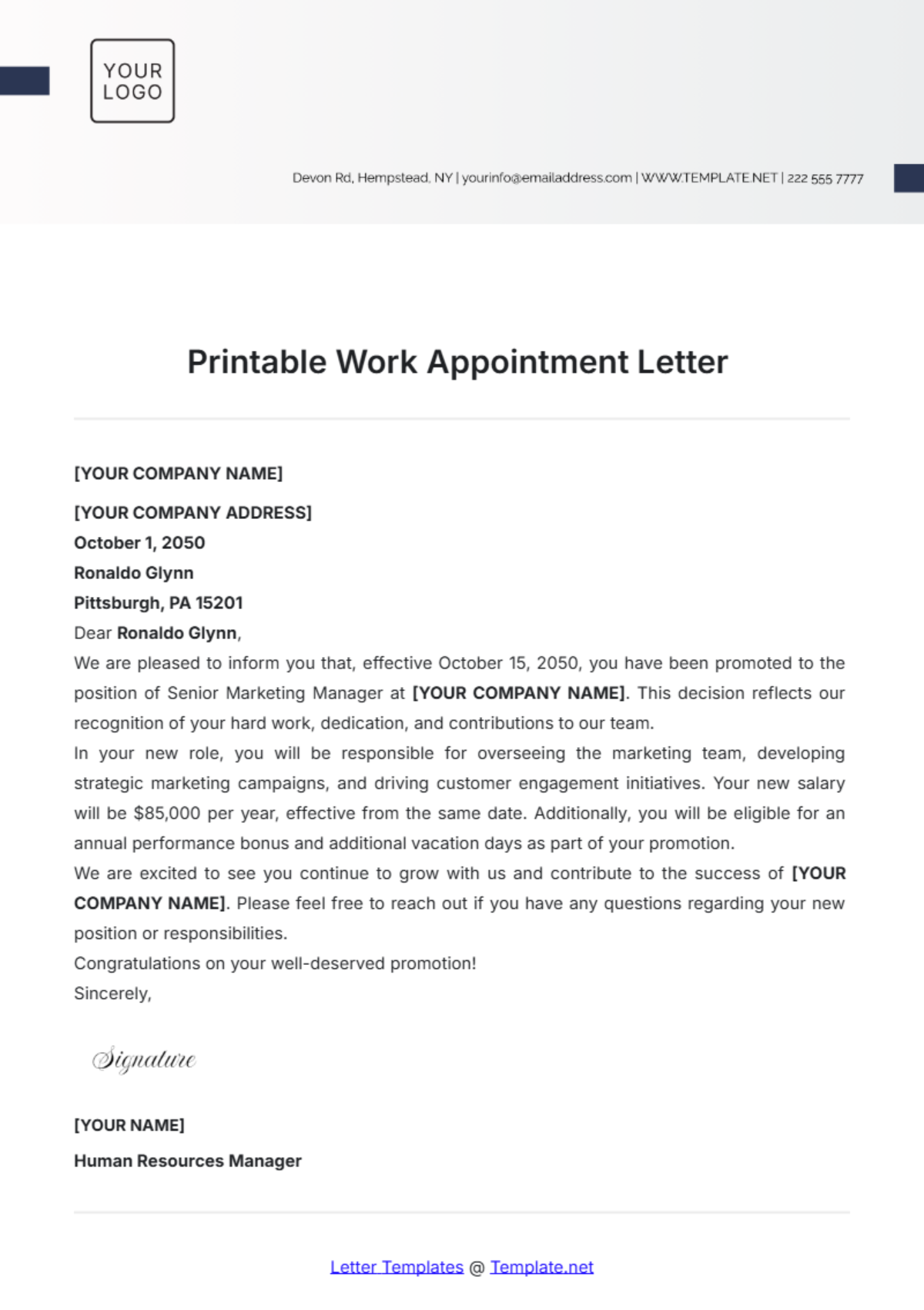 Printable Work Appointment Letter Template - Edit Online & Download