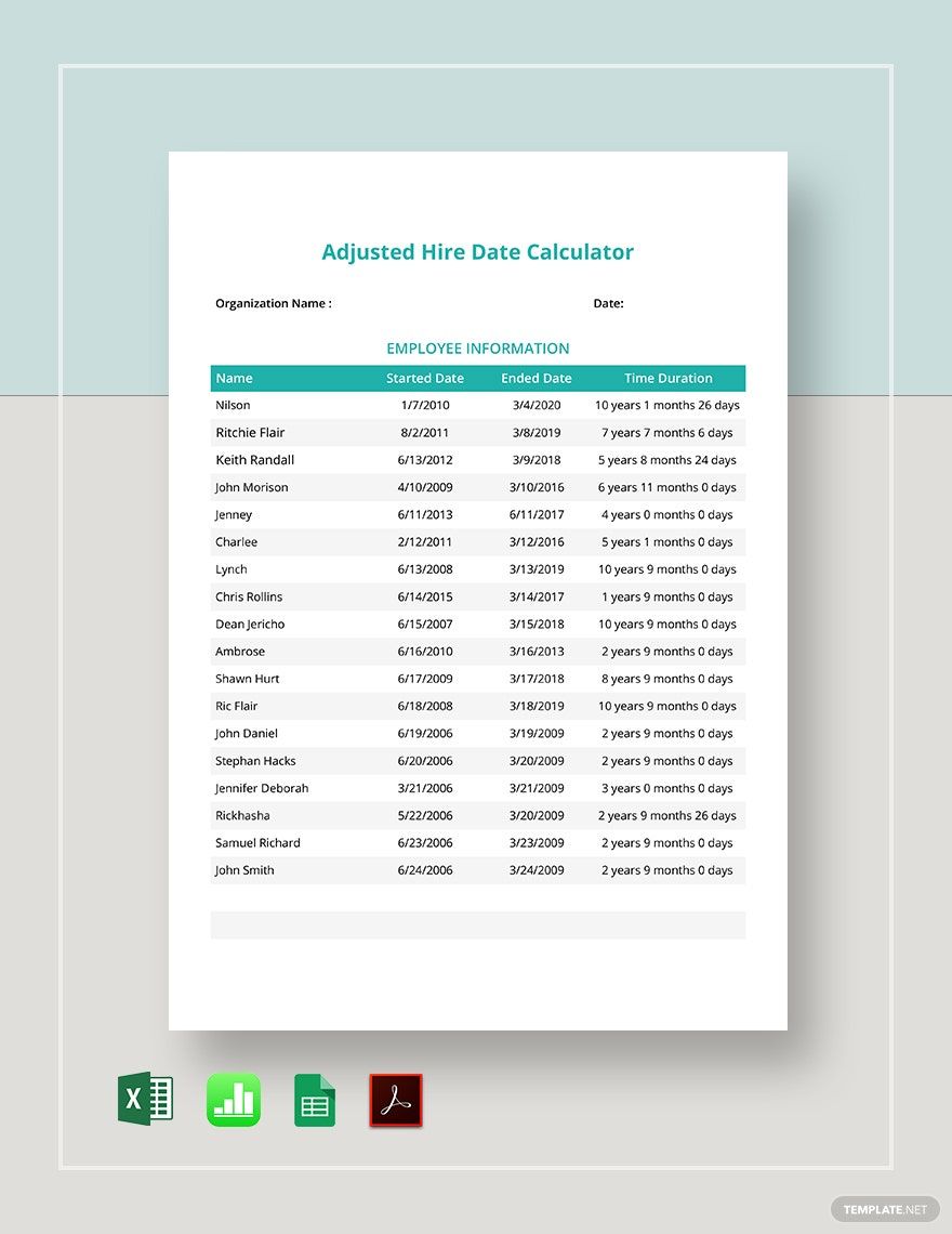 Adjusted Hire Date Calculator Template in Google Docs, Excel, Google Sheets, Apple Numbers