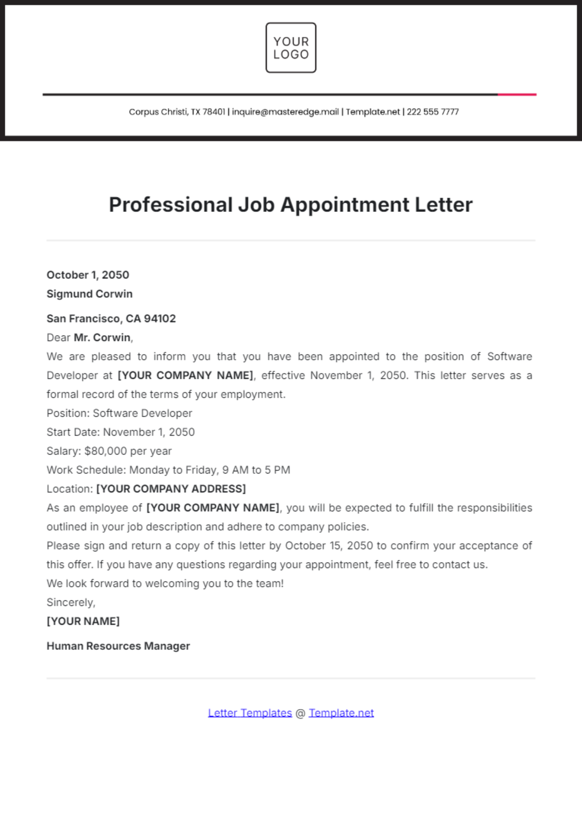 Professional Job Appointment Letter Template - Edit Online & Download