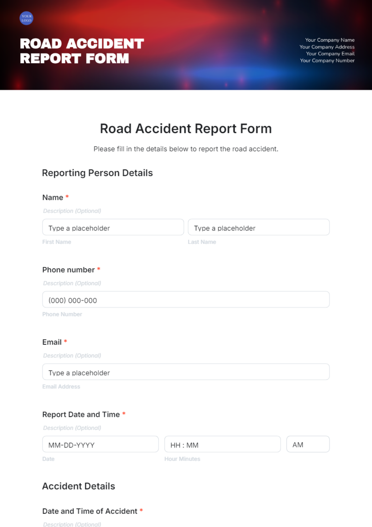 Road Accident Report Form Template - Edit Online & Download