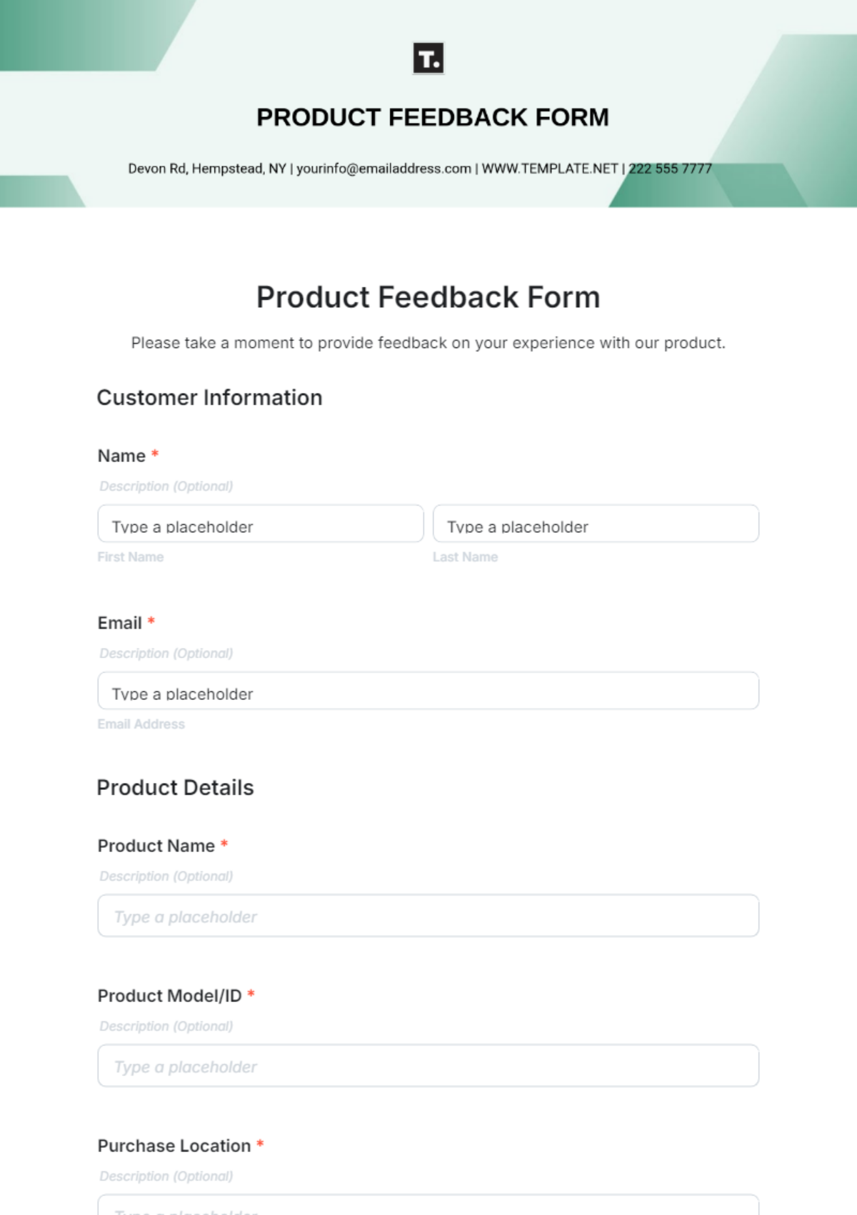 Product Feedback Form Template