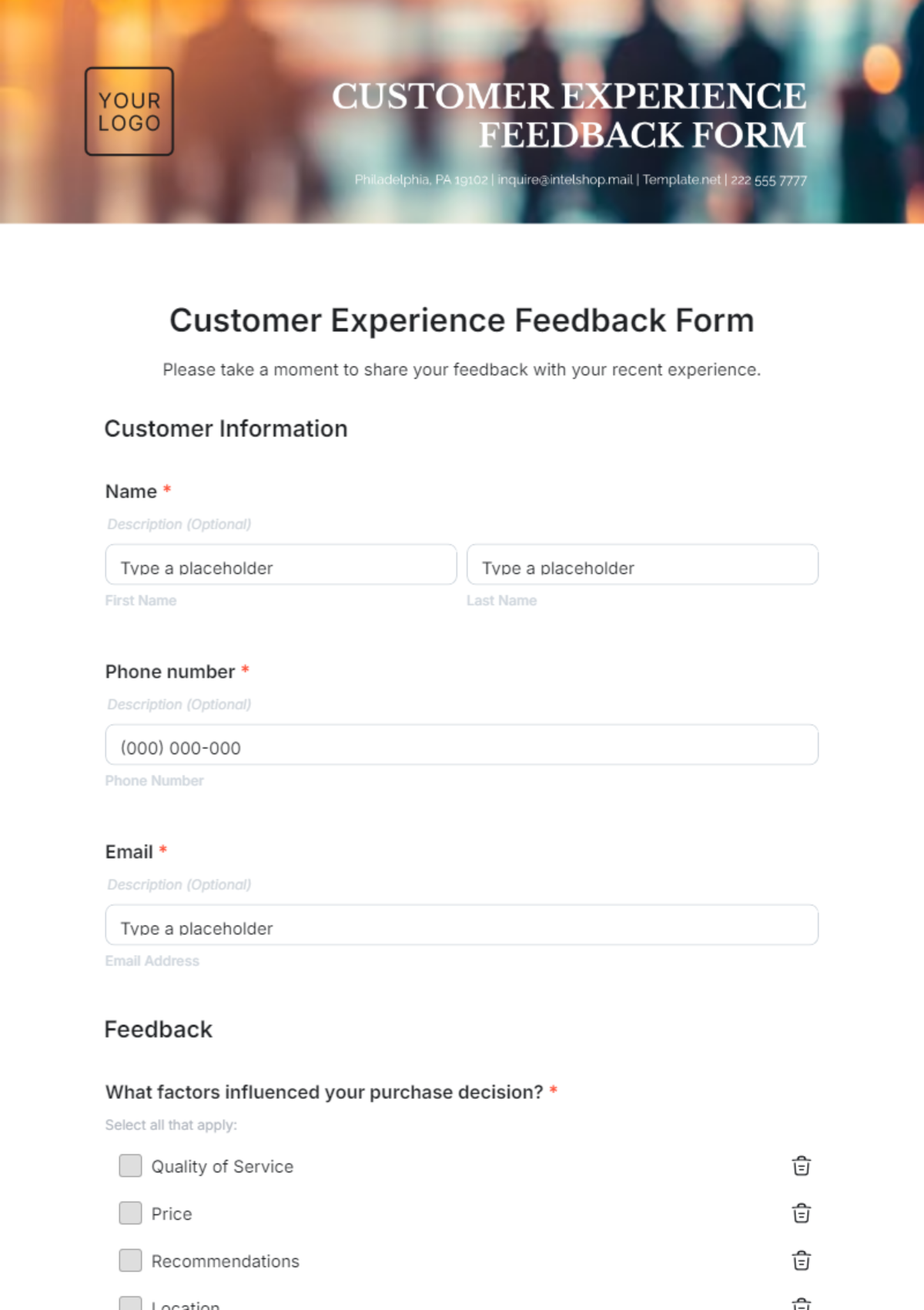 Customer Experience Feedback Form Template - Edit Online & Download