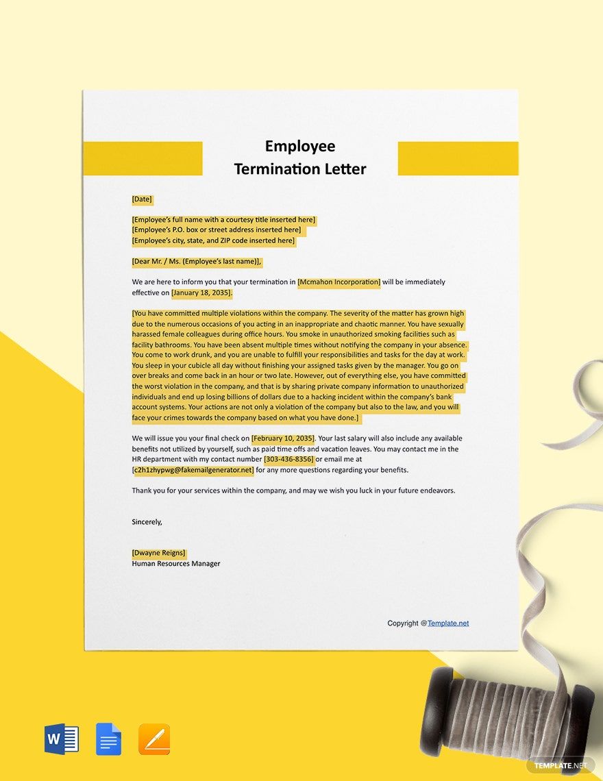 Free Sample Employee Termination Letter Template