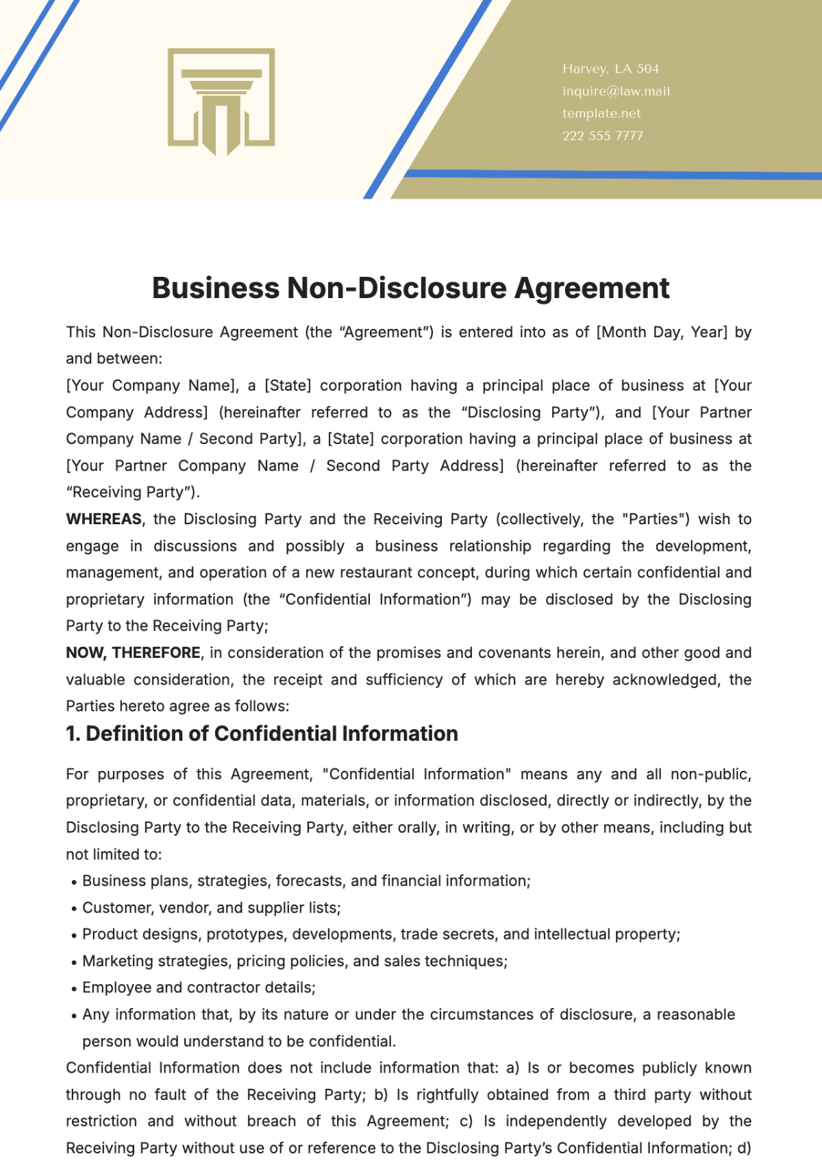 Business Non-Disclosure Agreement Template - Edit Online & Download