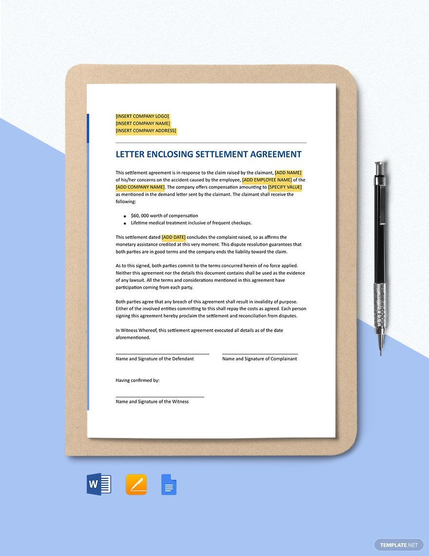 Letter Enclosing a Settlement Agreement in Word, Google Docs, Pages, PDF - Download | Template.net