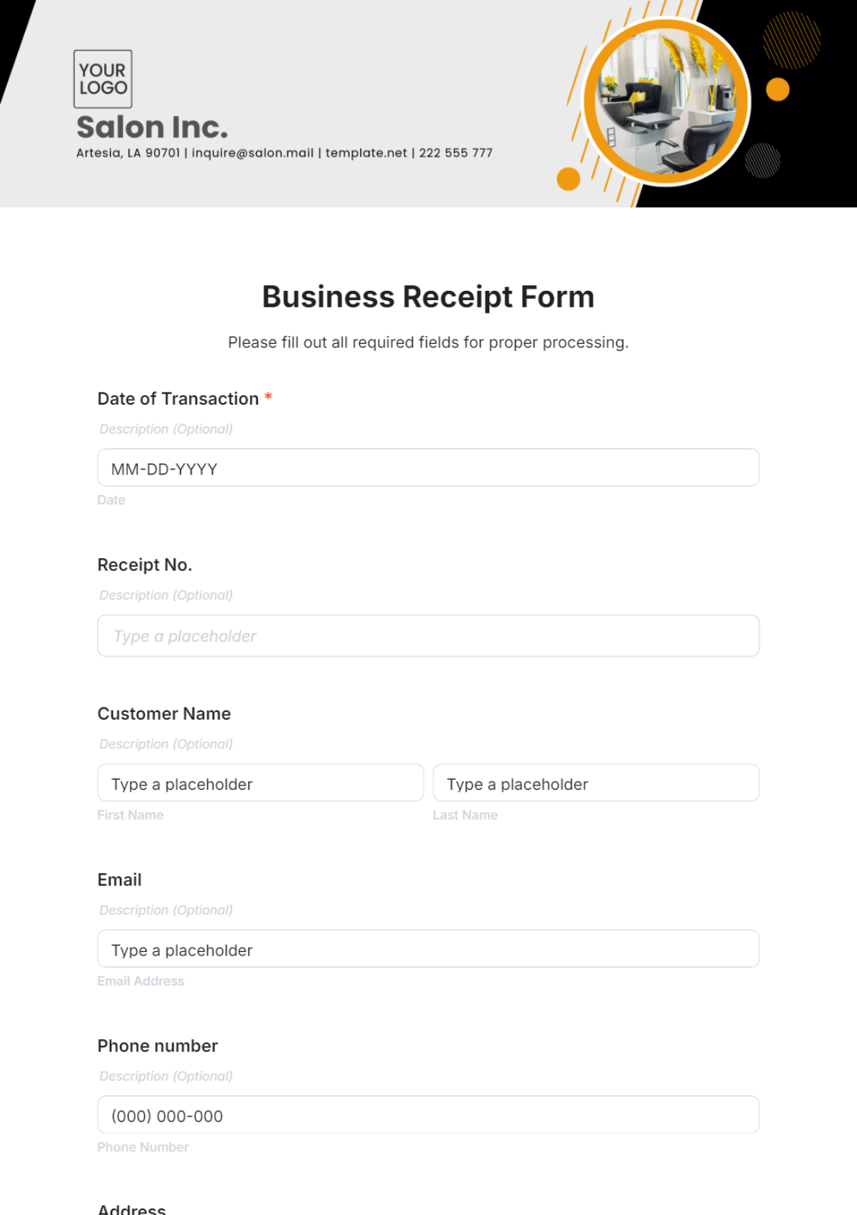 Business Receipt Form Template - Edit Online & Download