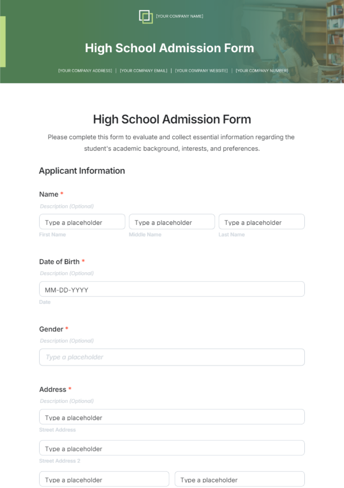 High School Admission Form Template