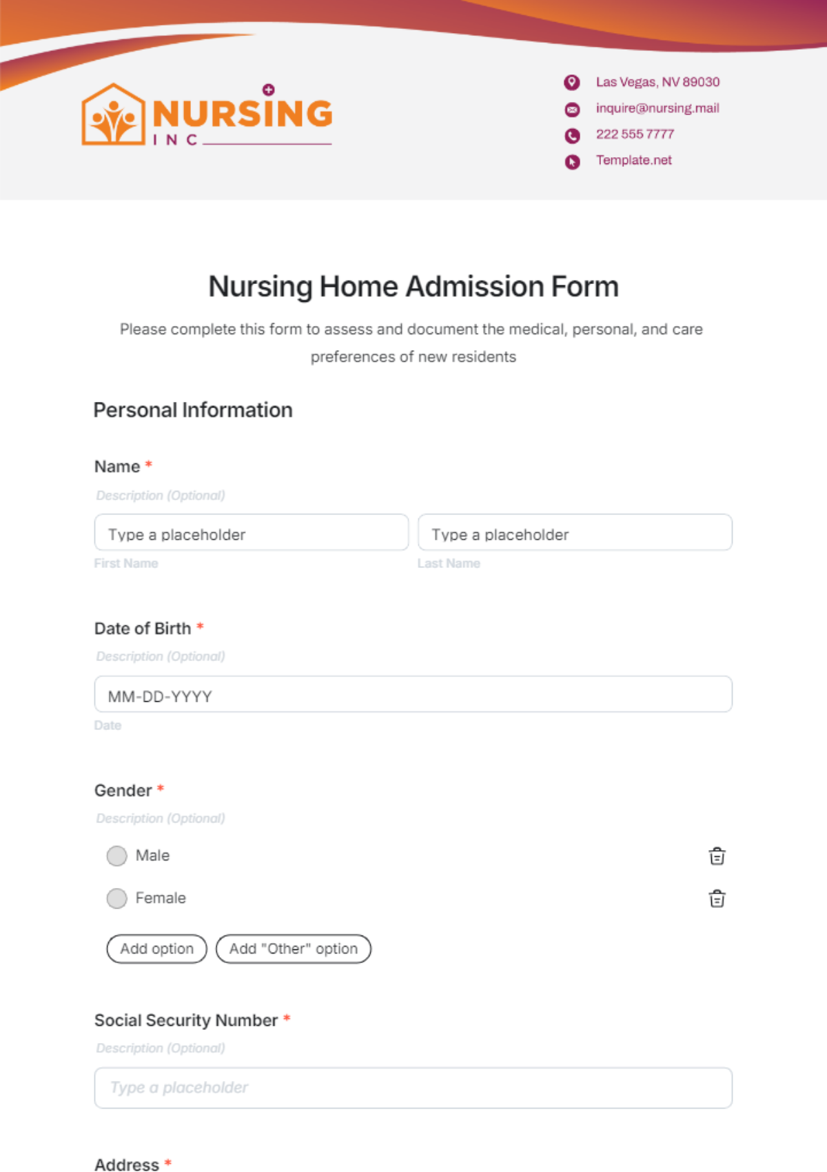 Nursing Home Admission Form Template