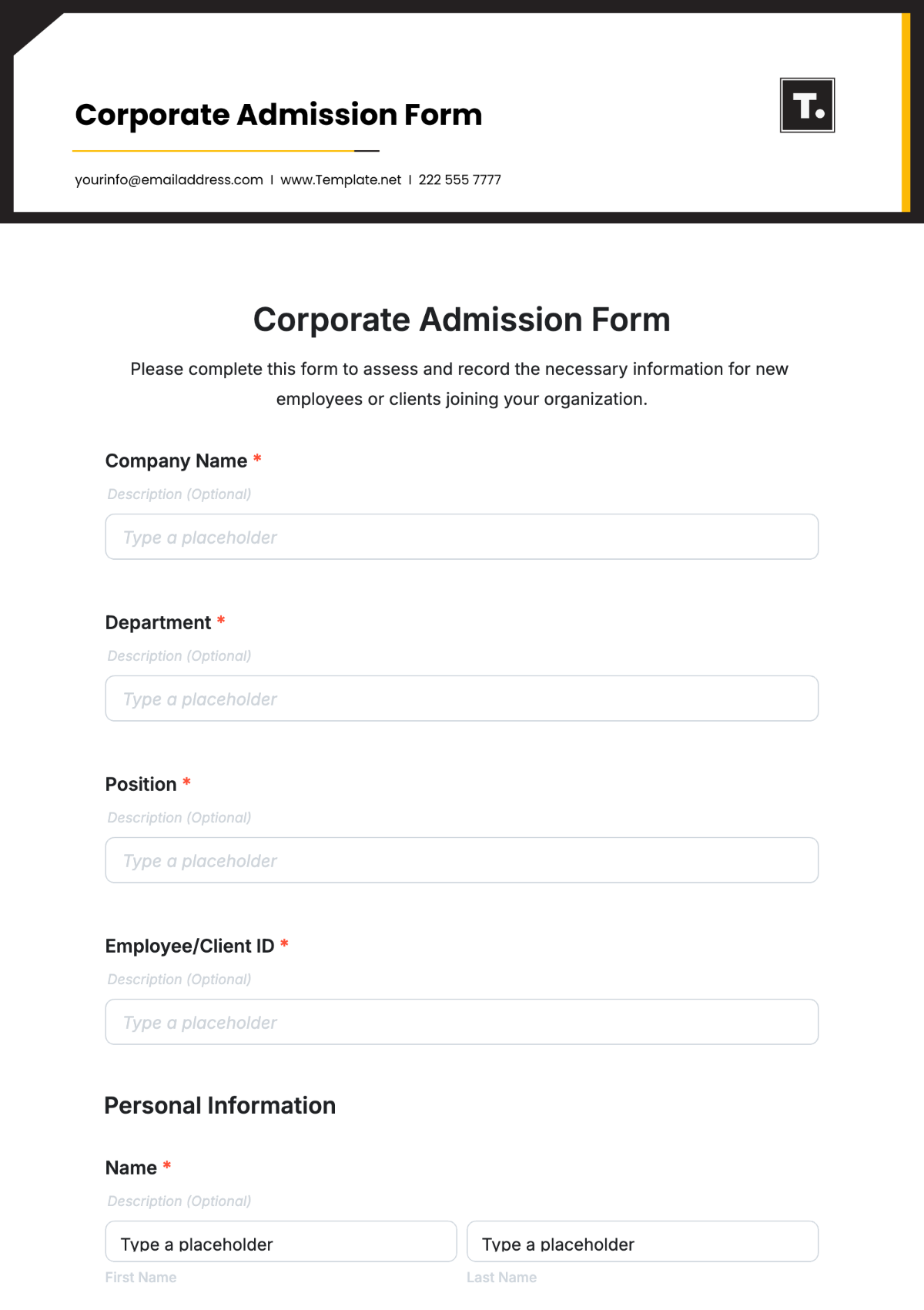 Corporate Admission Form Template - Edit Online & Download