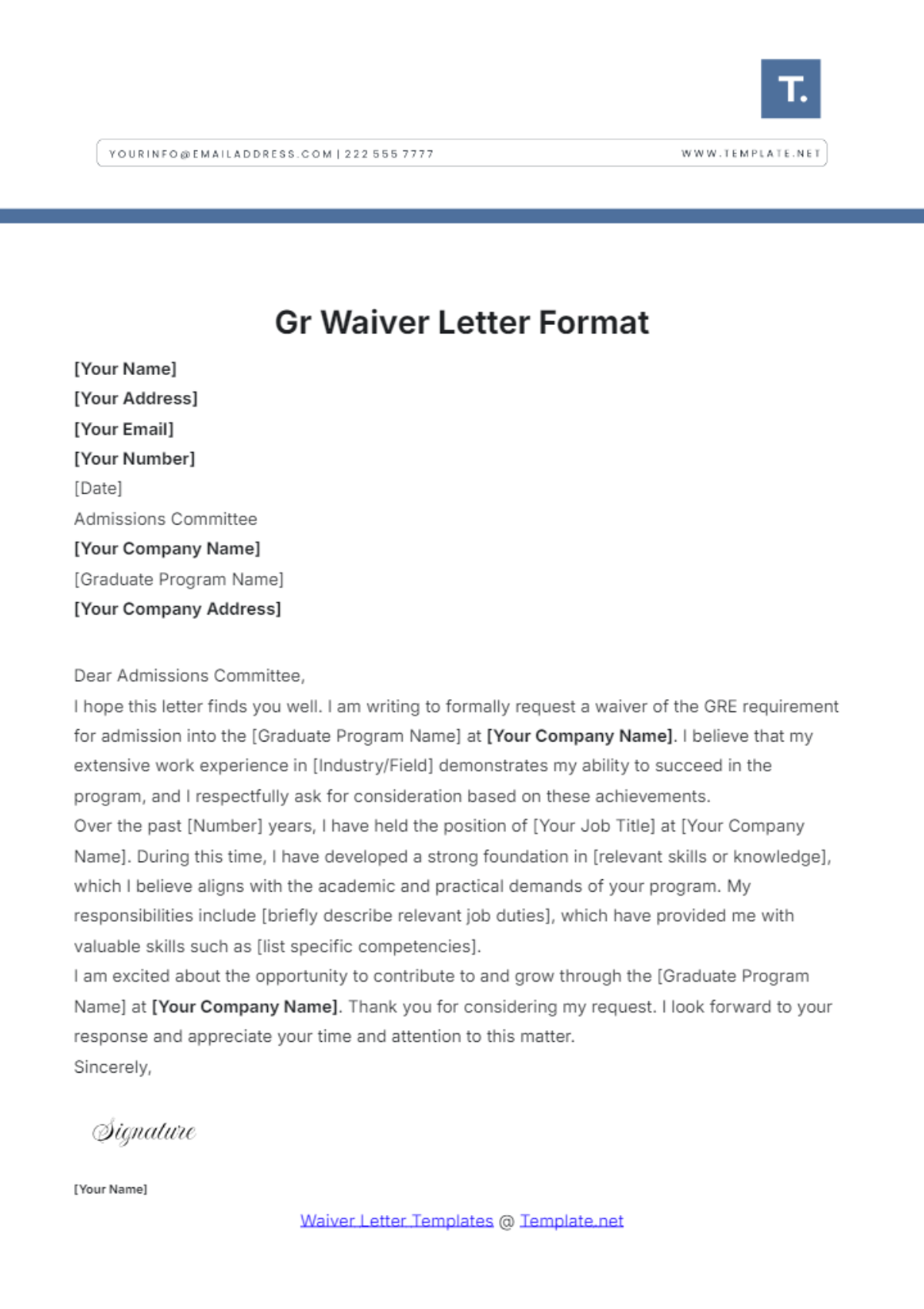 Gr Waiver Letter Format Template