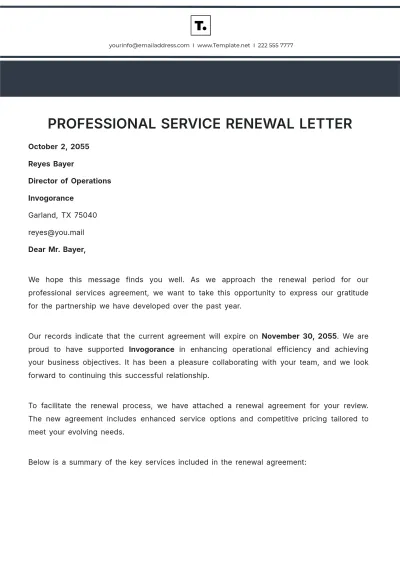 Free Professional Service Renewal Letter Template to Edit Online