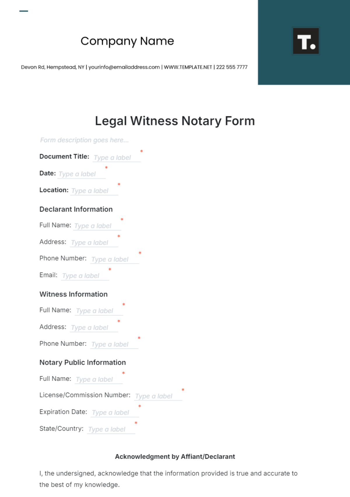 Legal Witness Notary Form Template