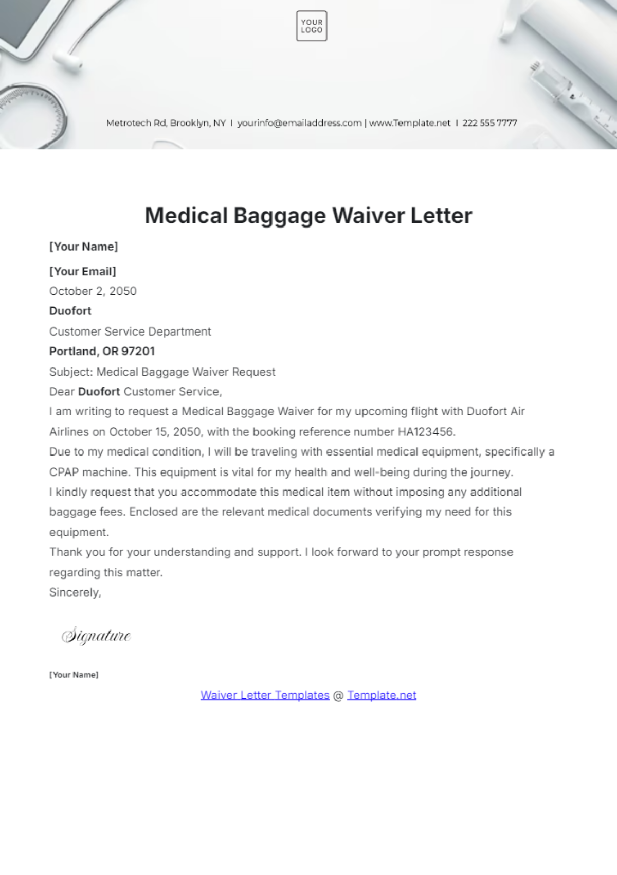 Medical Baggage Waiver Letter Template