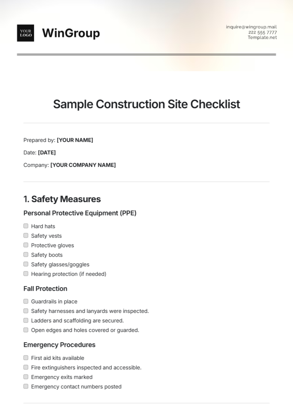 Sample Construction Site Checklist Template - Edit Online & Download