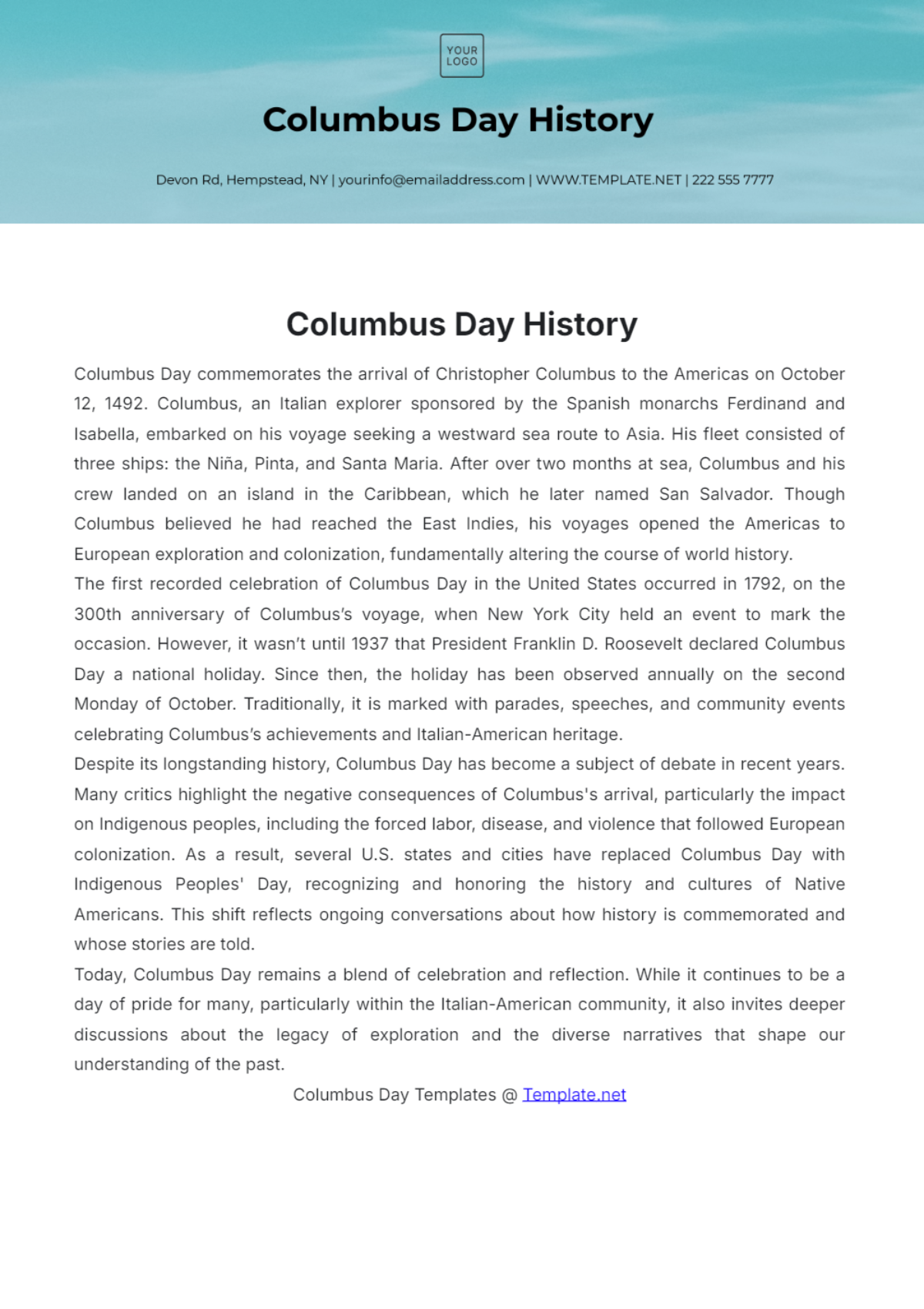 Columbus Day History Template - Edit Online & Download