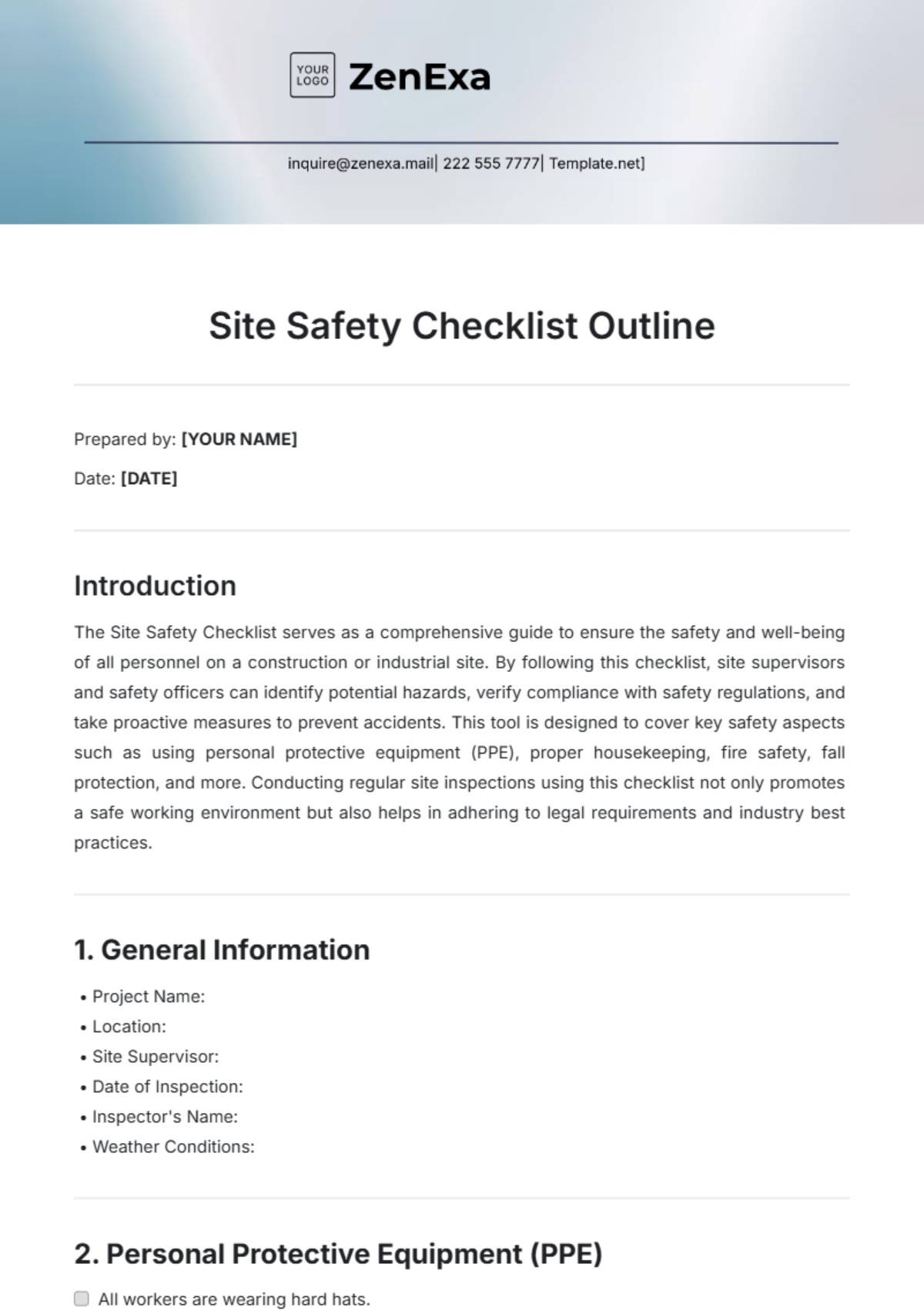 Site Safety Checklist Outline Template