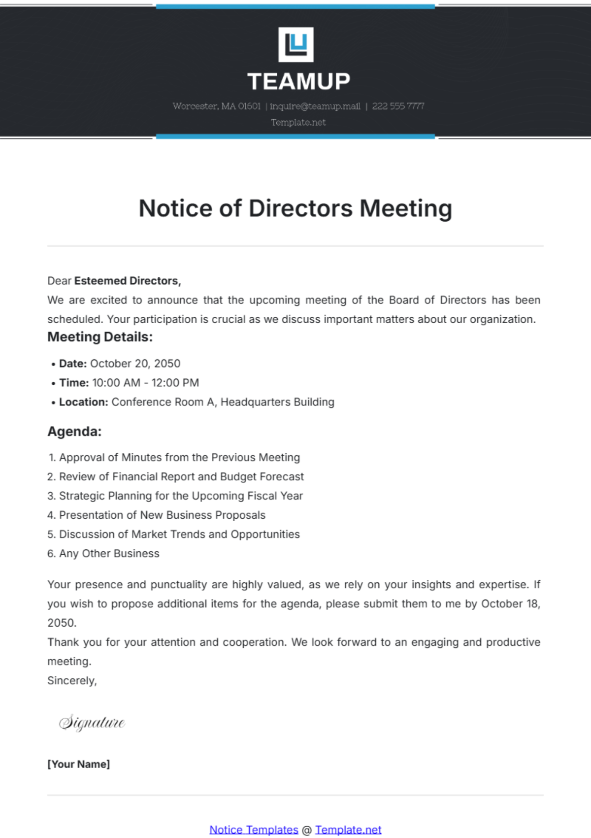 Notice of Directors Meeting Template - Edit Online & Download