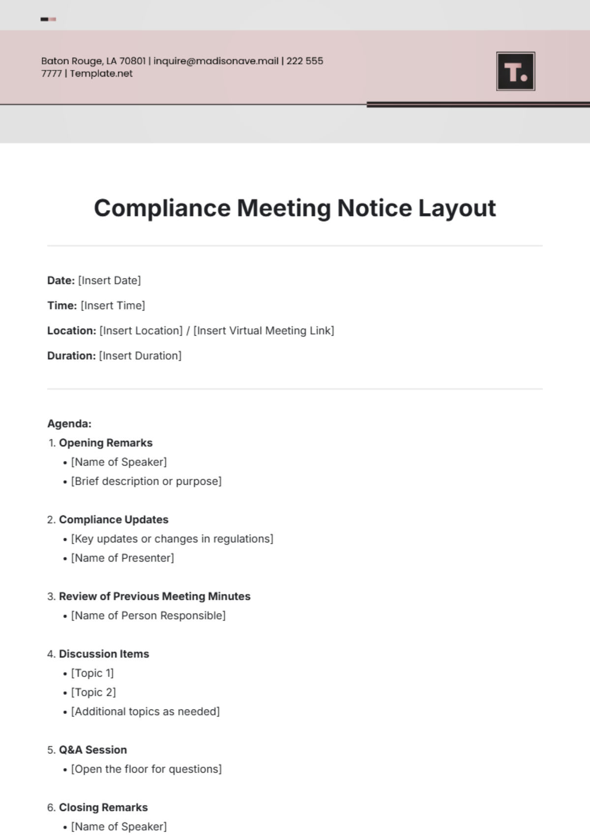 Compliance Meeting Notice Layout Template - Edit Online & Download