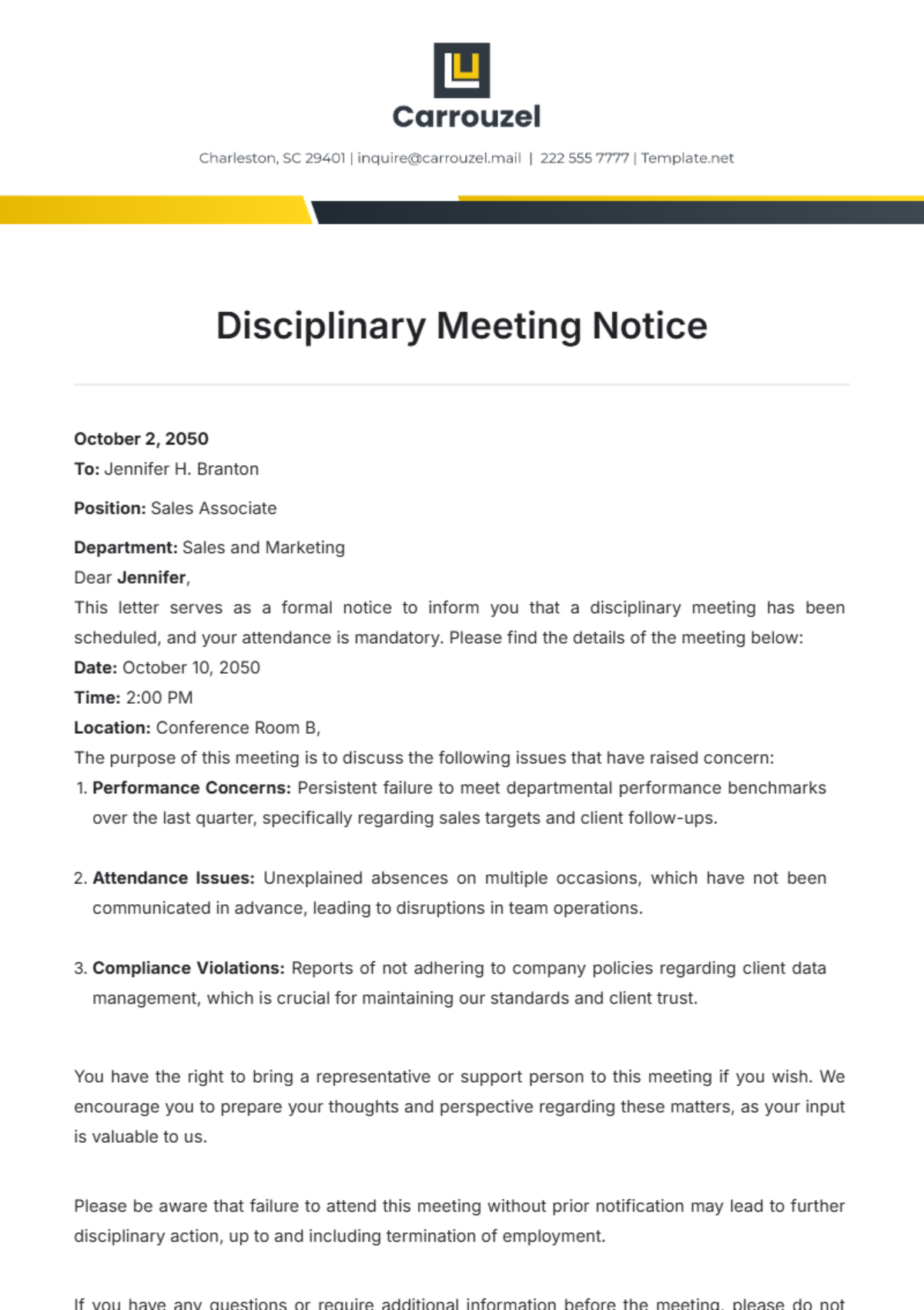 Disciplinary Meeting Notice Template