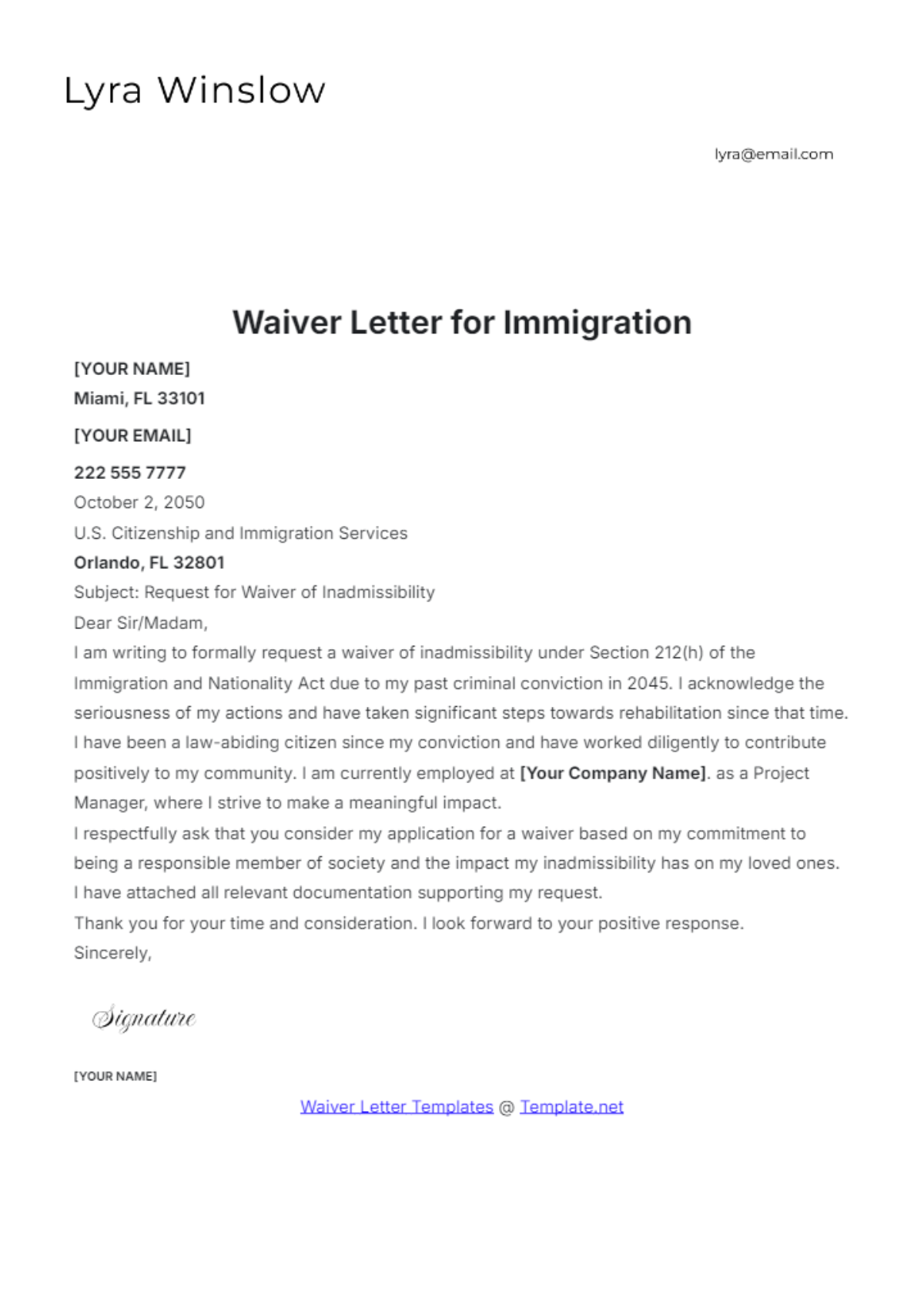 Waiver Letter for Immigration Template