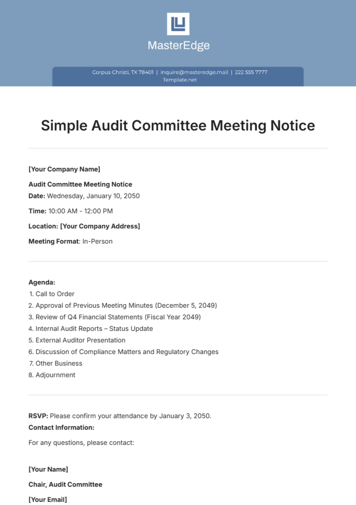 Simple Audit Committee Meeting Notice Template - Edit Online & Download