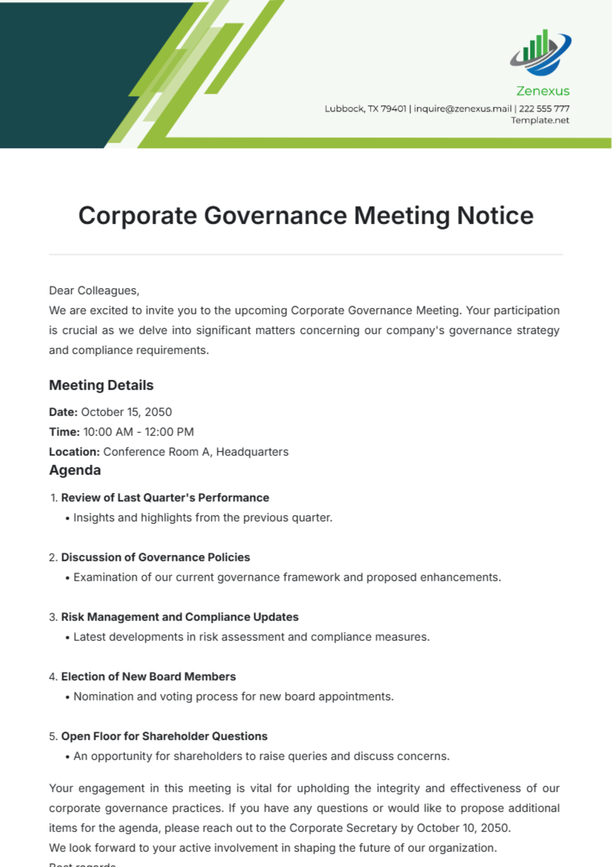 Corporate Governance Meeting Notice Template - Edit Online & Download