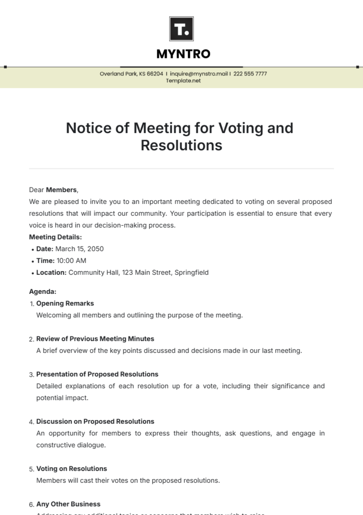 Notice of Meeting for Voting and Resolutions Template - Edit Online & Download