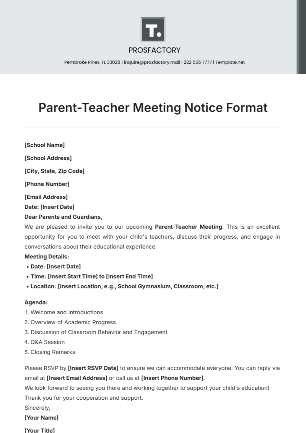 Parent-Teacher Meeting Notice Format Template - Edit Online & Download