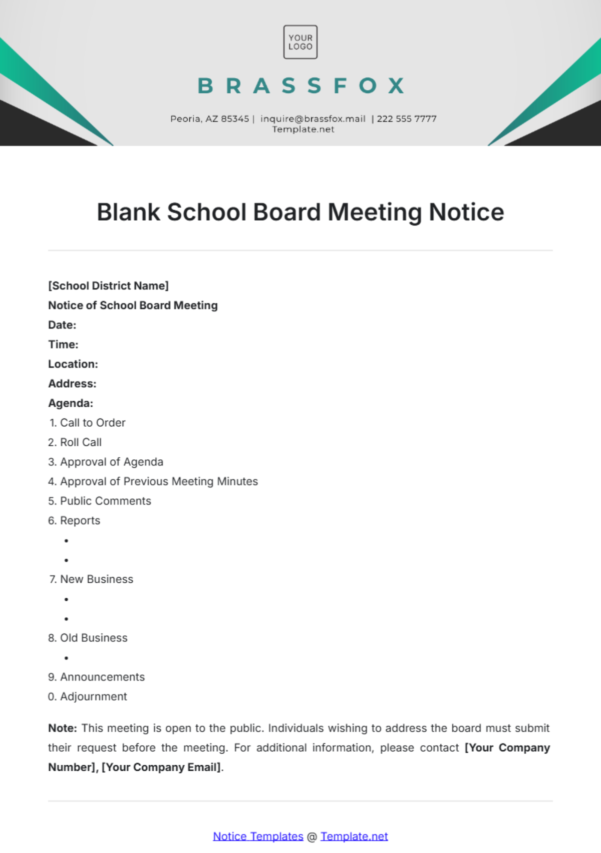 Blank School Board Meeting Notice Template - Edit Online & Download