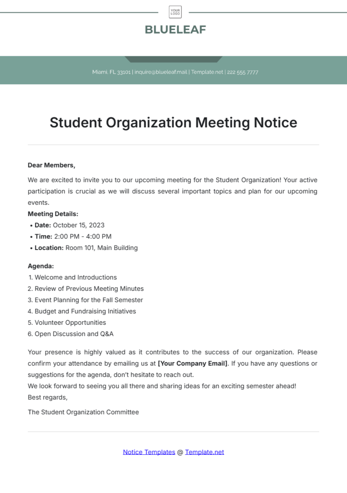 Student Organization Meeting Notice Template - Edit Online & Download