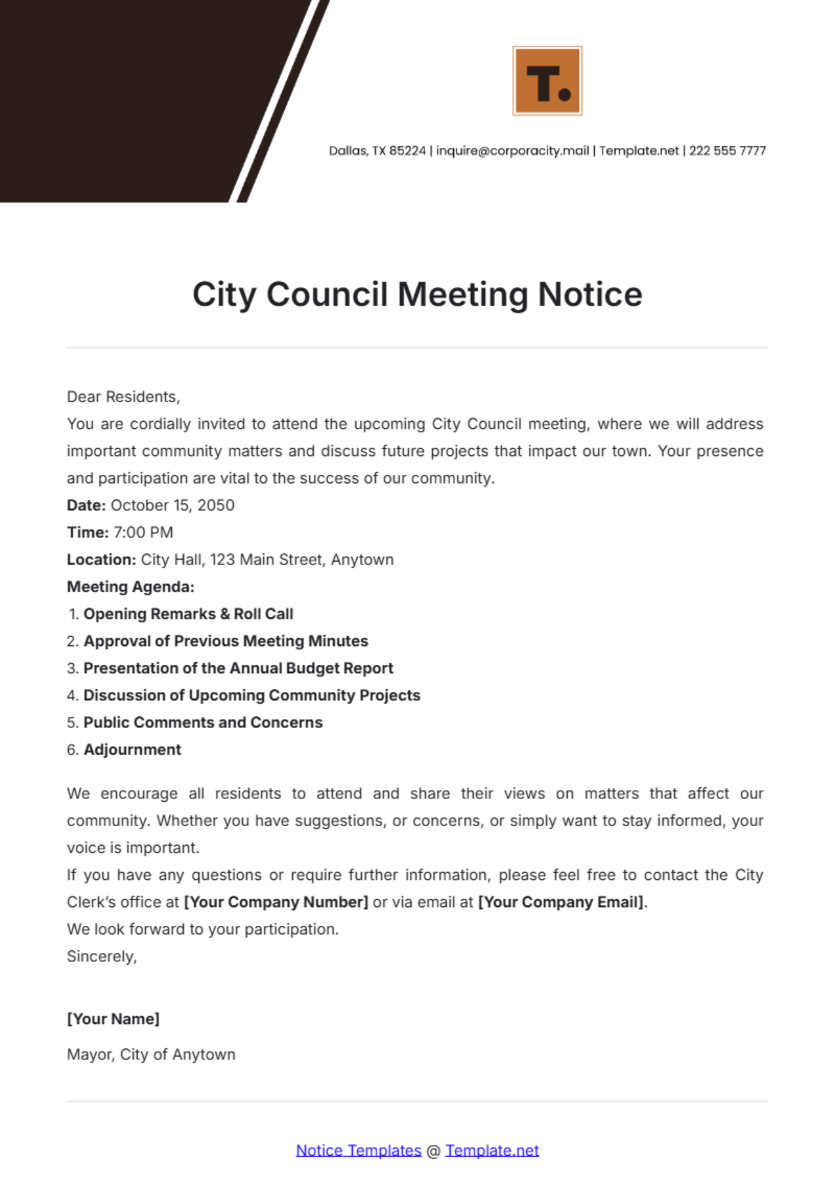 City Council Meeting Notice Template - Edit Online & Download