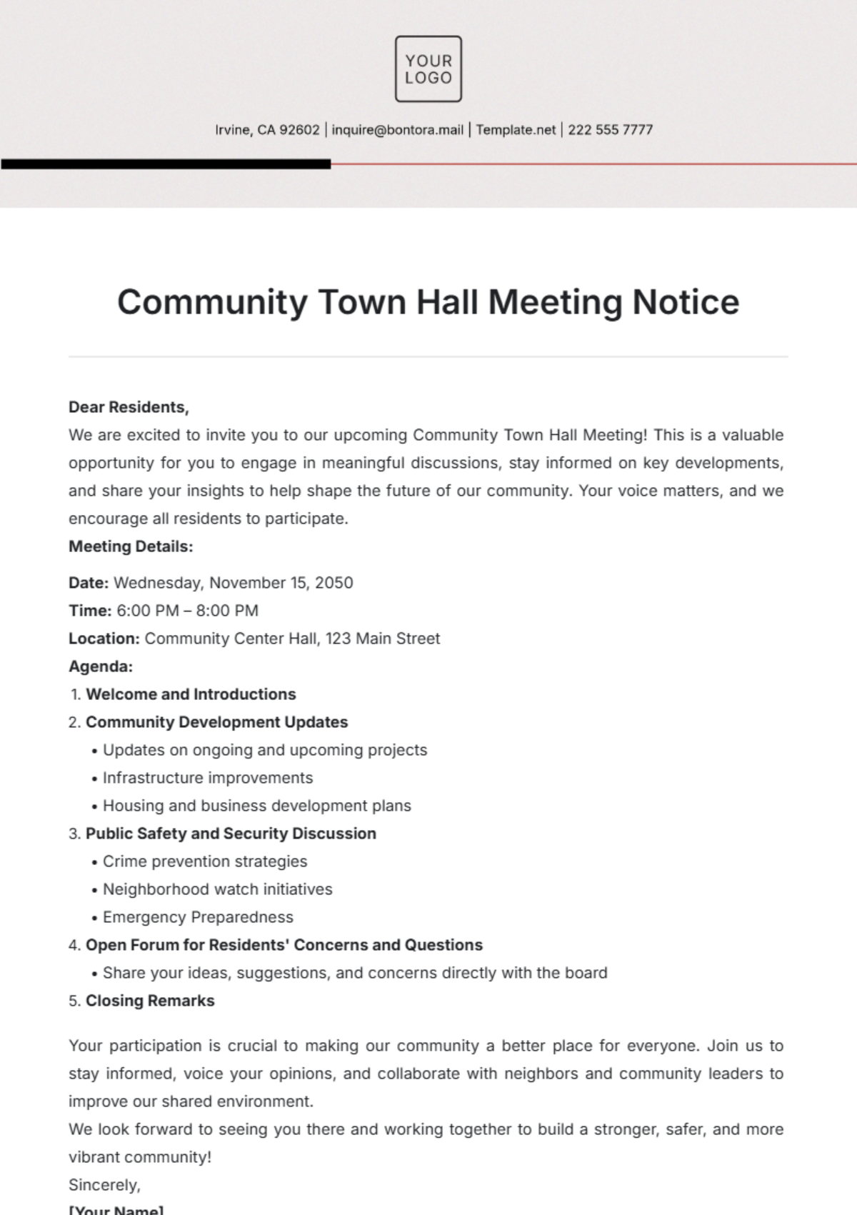 Community Town Hall Meeting Notice Template - Edit Online & Download