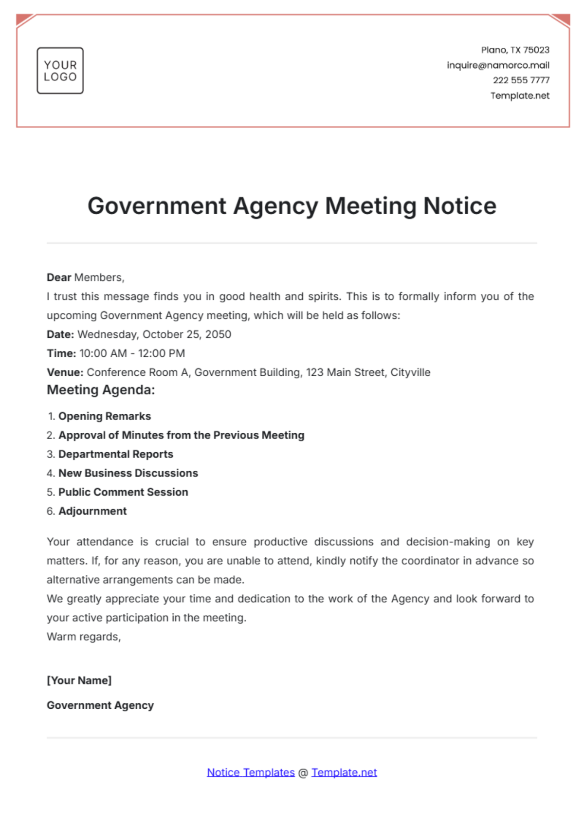 Government Agency Meeting Notice Template