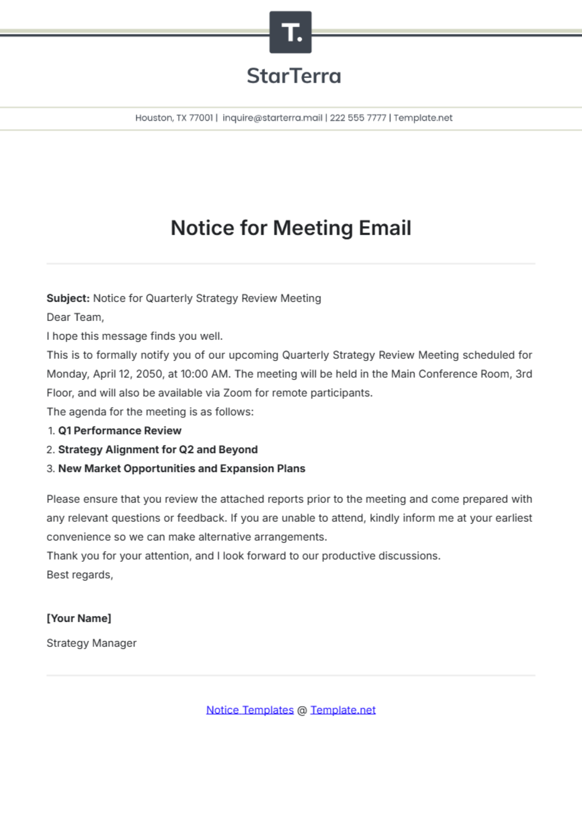 Notice for Meeting Email Template