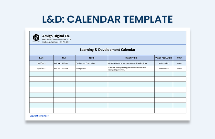 L&D: Calendar Template in Numbers, MS Word, Pages, GDocsLink, MS Excel, Google Sheets - Download | Template.net
