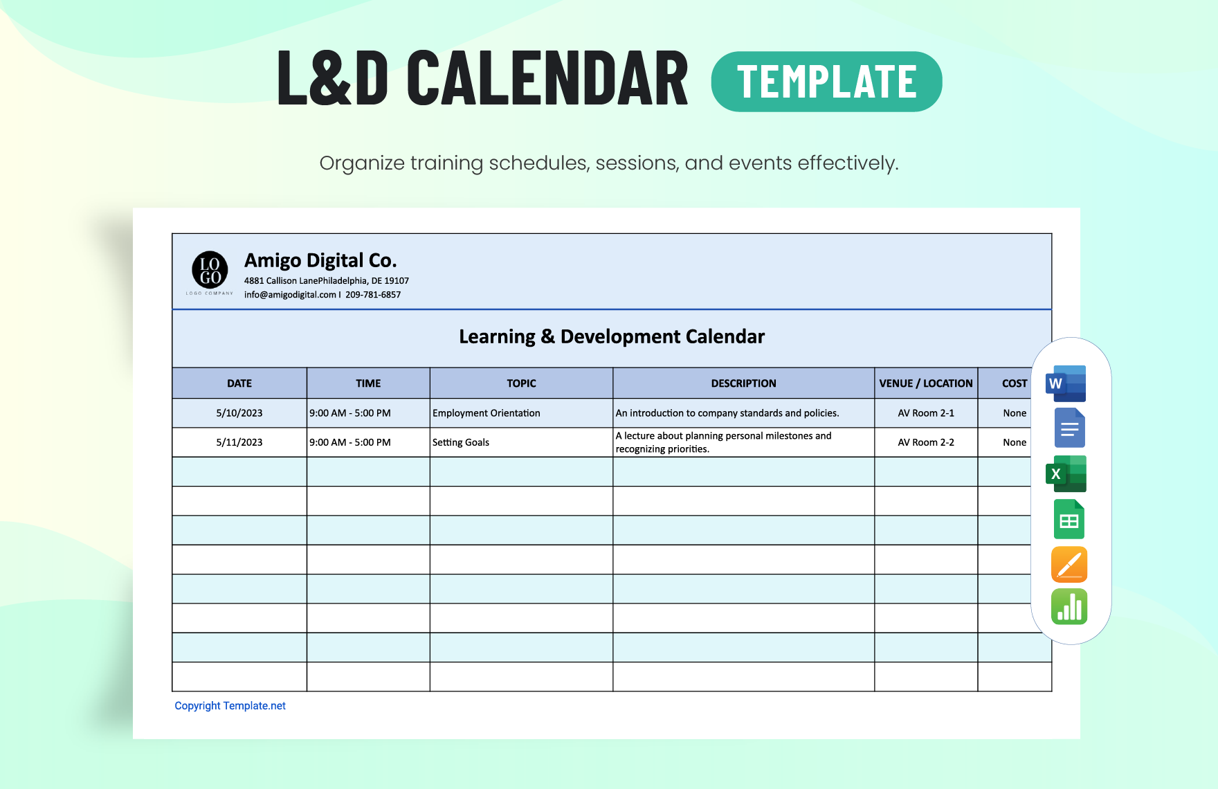 L&D: Calendar Template in Word, Google Docs, Excel, Google Sheets, Apple Pages, Apple Numbers