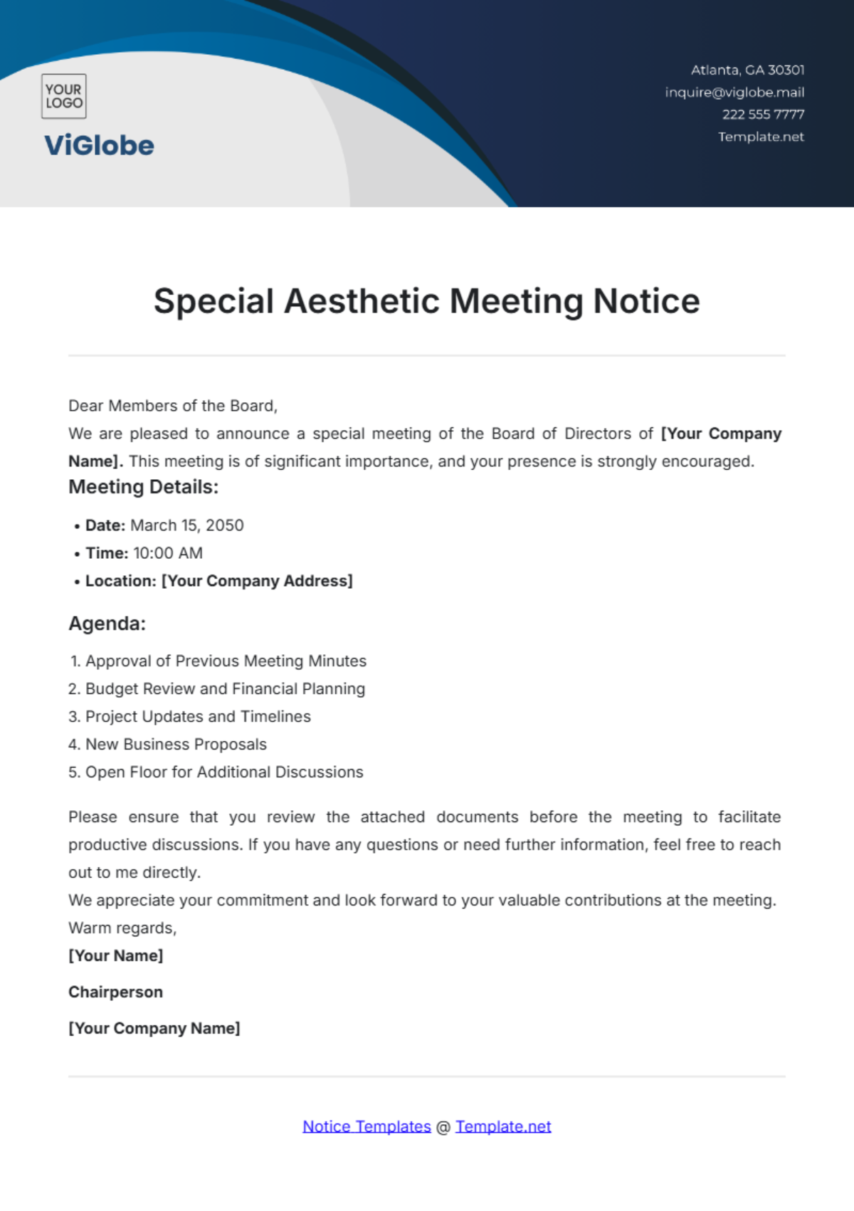 Special Aesthetic Meeting Notice Template