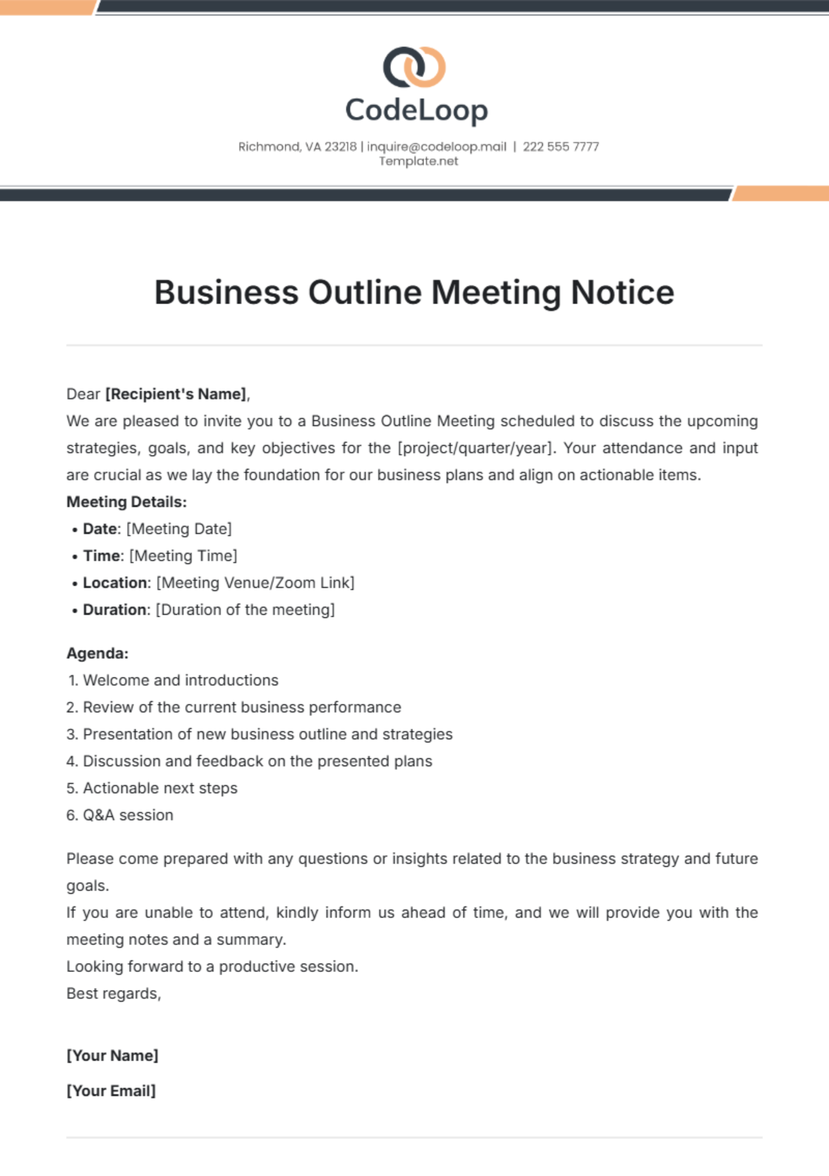 Business Outline Meeting Notice Template