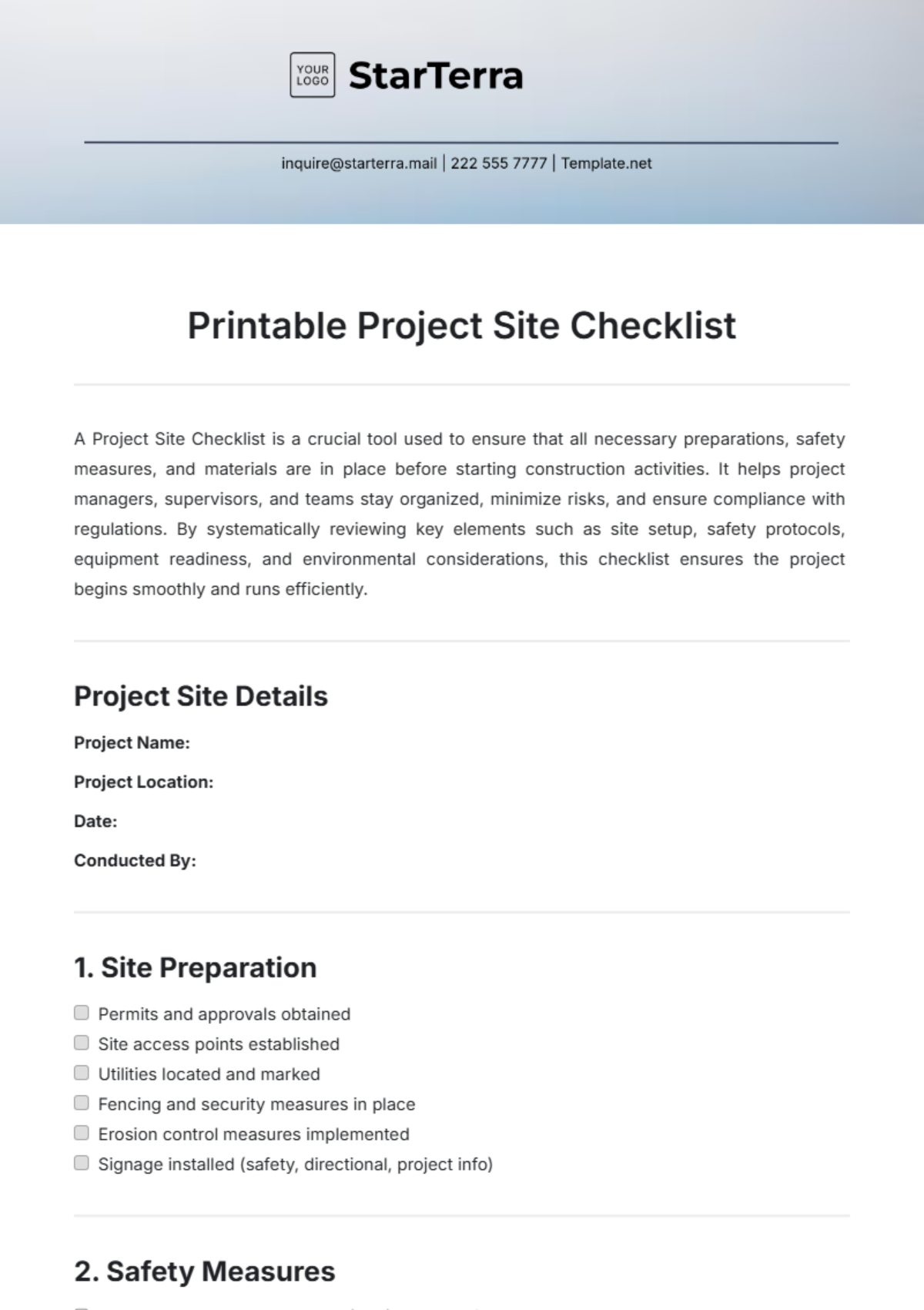 Printable Project Site Checklist Template - Edit Online & Download