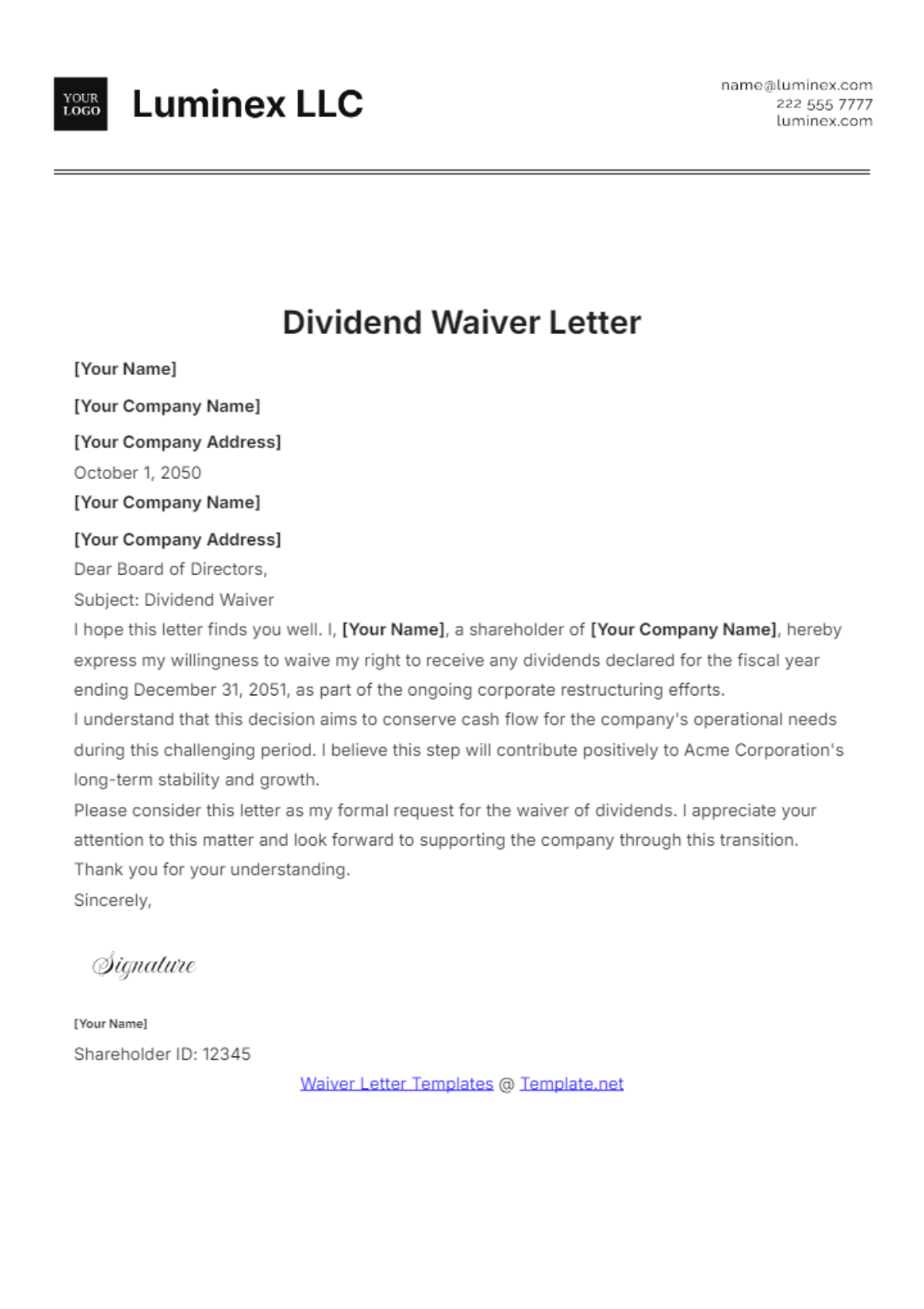 Dividend Waiver Letter Template - Edit Online & Download