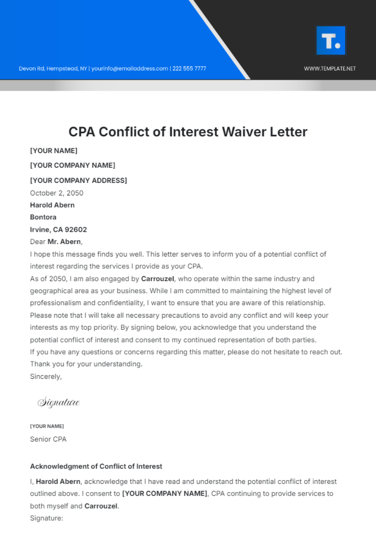 CPA Conflict of Interest Waiver Letter Template - Edit Online & Download