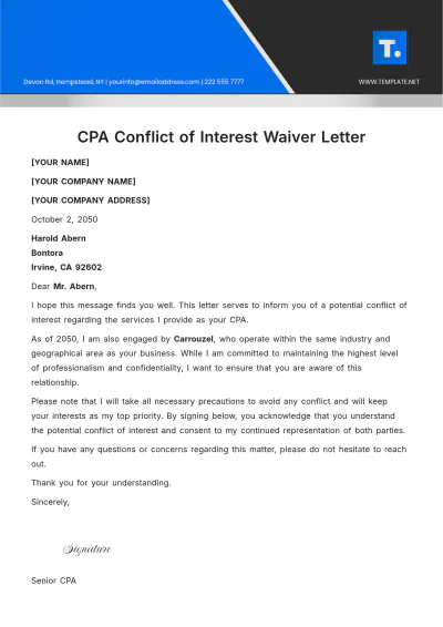 Free CPA Conflict of Interest Waiver Letter Template to Edit Online