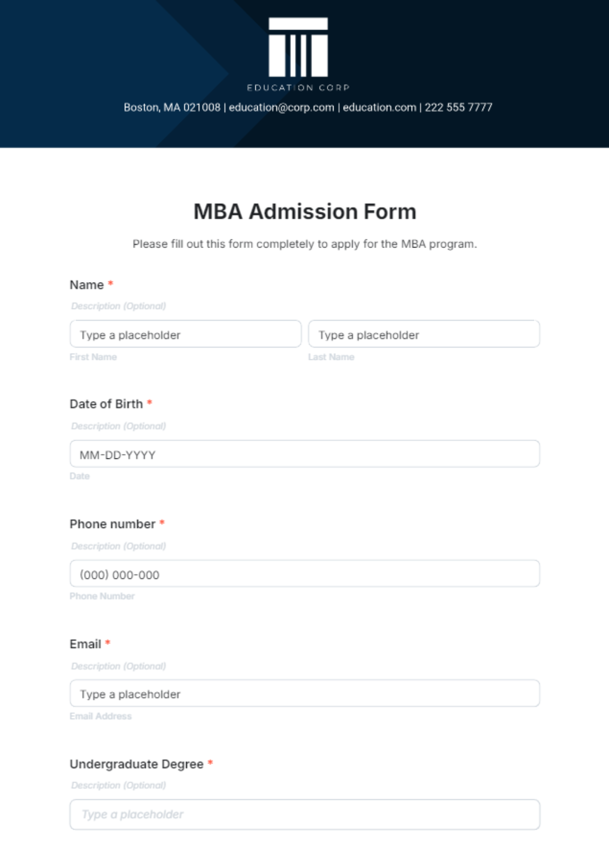 MBA Admission Form Template - Edit Online & Download